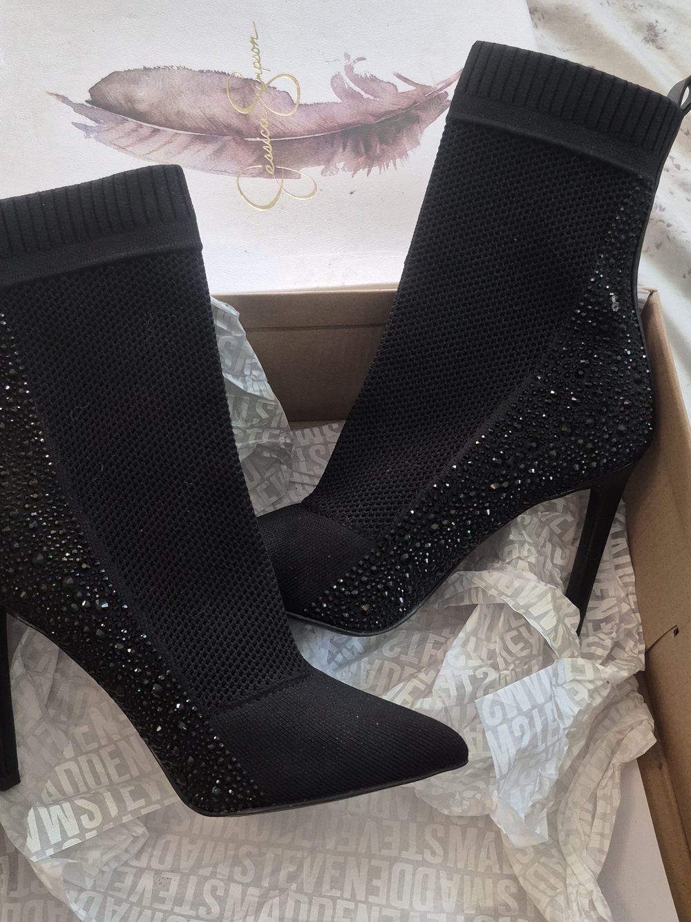 Steve Madden Black Crystal Knit Sock Heel Boots